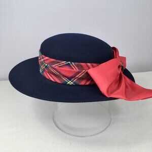 Vintage Navy Blue Wool Hat With Red Plaid Bow Youth? Michael Christmas